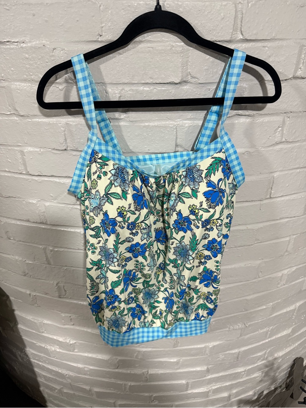 Lands' End Cream Swim Top with Blue Floral Print and Gingham Trim